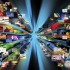 A variety of photos are projecting out of a black background. Use it for a photography internet gallery or digital movie concept.