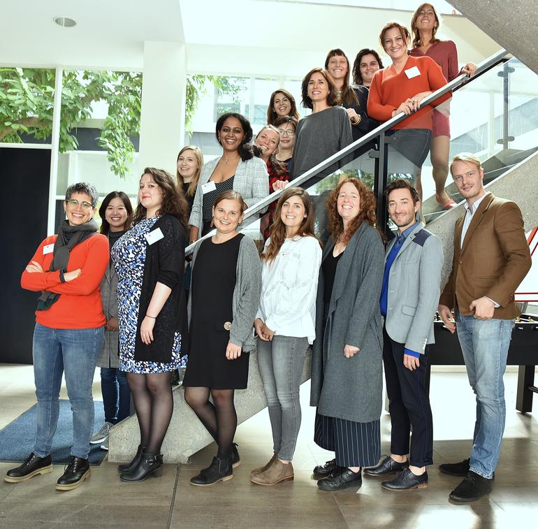 Image of Frankfurt Fellowship publishing fellows 2018 - a group of predominantly young women and two men on a staircase.