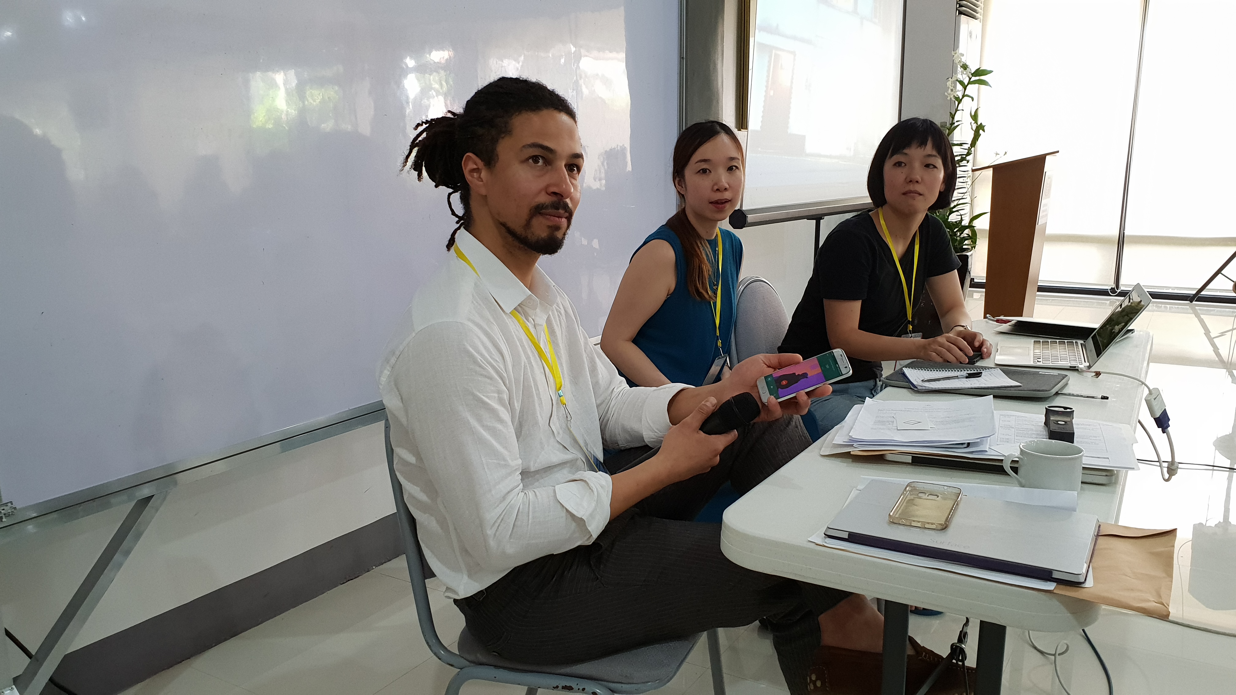 Photo: Themba Liptrot, Space One (Korea), Yukie Hirokawa, Art Center Ongoing (Japan), Saeko Oyama, art space tetra (Japan) during a Q&A session. Photo credit: Fatima Avila