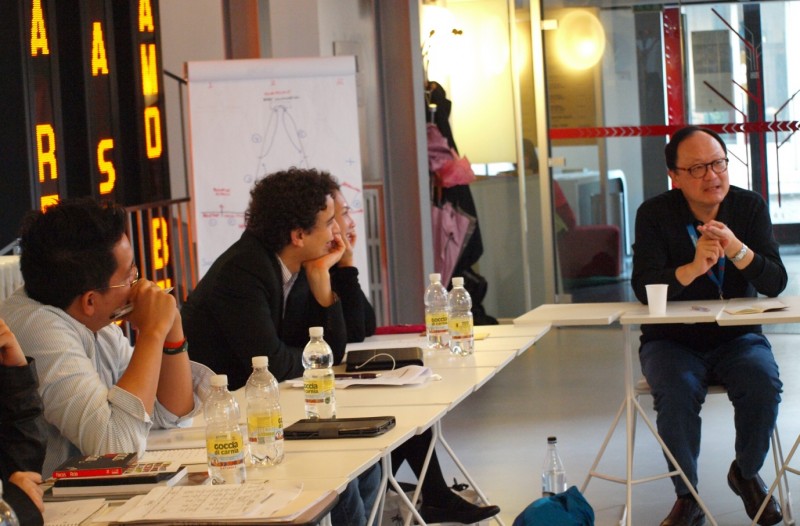 From left: Philippines’ Joe Alandy, France’s Karim Aitouna, and ASEF representative Sasiwimon Wongjarin, listen to expert Roger Garcia from the Hong Kong – Asia Film Financing Forum. 