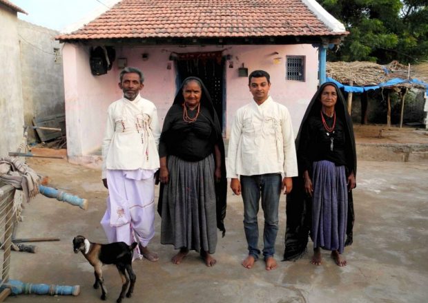 Lakhabahi Rabari wearing the kediyun made by LOkesh Ghai and LOkesh Ghai wearing the kediyun made by Badhiben and Puiben.