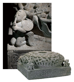 Sandstone pillar plinth with heavenly figure, dragon, tiger, and lotus blossom design Northern Wei dynasty, 484 