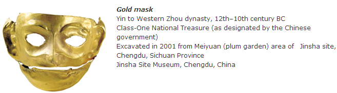 Gold Mask: Jinsha site Chengdu, China Yin to Western Zhou dynasty, 12th–10th century BC Class-One National Treasure (as designated by the Chinese government)